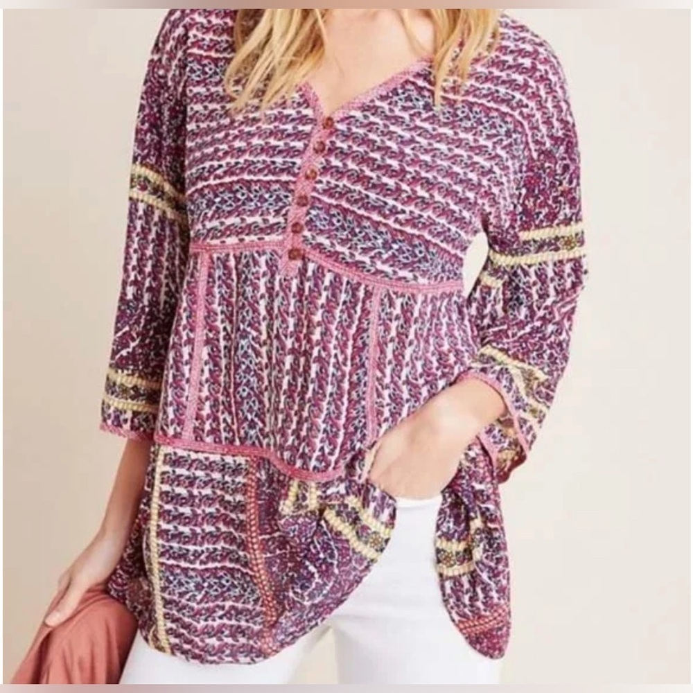 Maeve Anthropologie Size M Lilyana Silk Blouse Peasant Tunic Tiered Floral Top